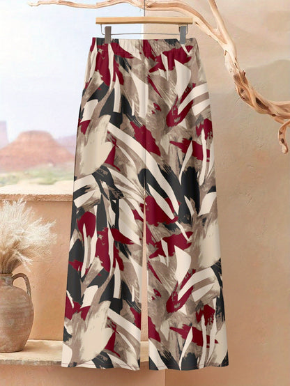Plus Size, Plus Size - Plus Size - A Stylish 2pcs Outfit for Plus-Size Women Featuring an Asymmetrical Button-Up Top And Wide-Leg Pants with Artistic Prints, Perfect for Daily Elegance