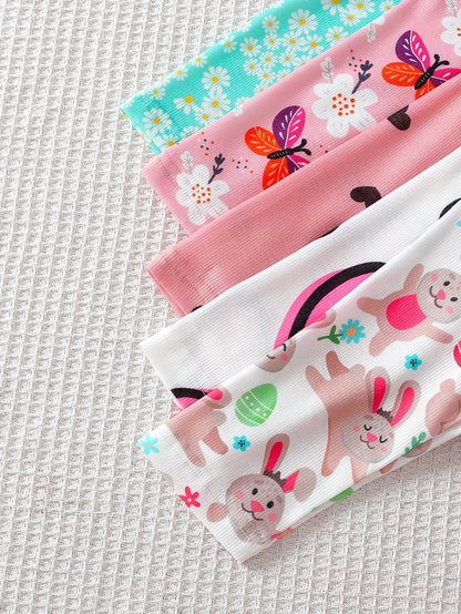 Girls' Clothing | School Season Gifts | Baby Girl Clothing | Baby Girl T-shirt | Baby Girl Spring/summer Casual Cute Flower Heart Print Long-sleeved Round-neck T-shirt (5pcs Set) | School Season | Valentine's Day