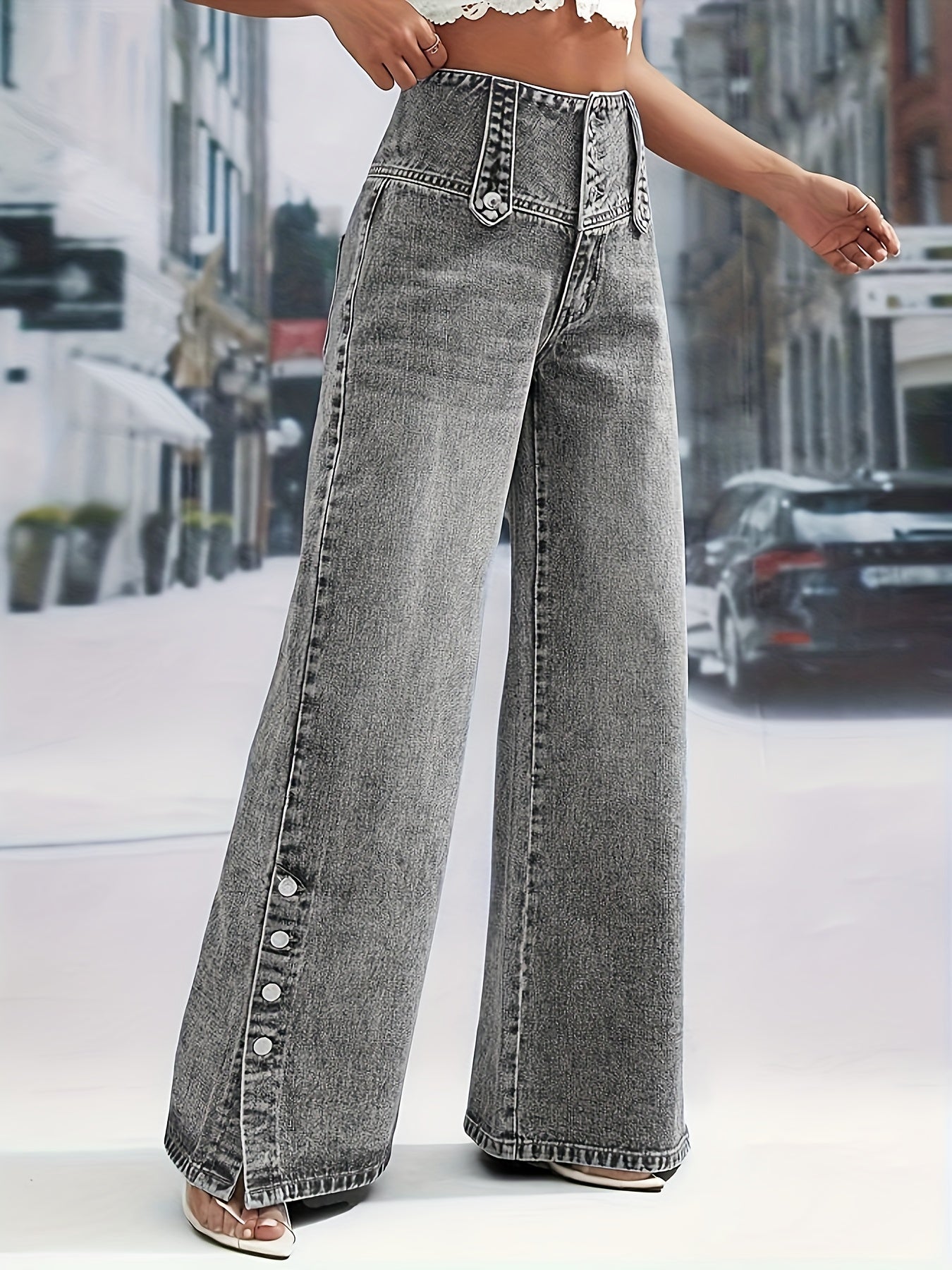 Women'S Light Blue Denim with a High Waist And Snowflake Pattern, Featuring a Buckle Design, Snap Boot Pant Legs, And a Straight, Loose Wide-Leg Cut. This Stylish Casual Outfit Is Perfect for Weekdays And Weekend Shopping, Machine Washable