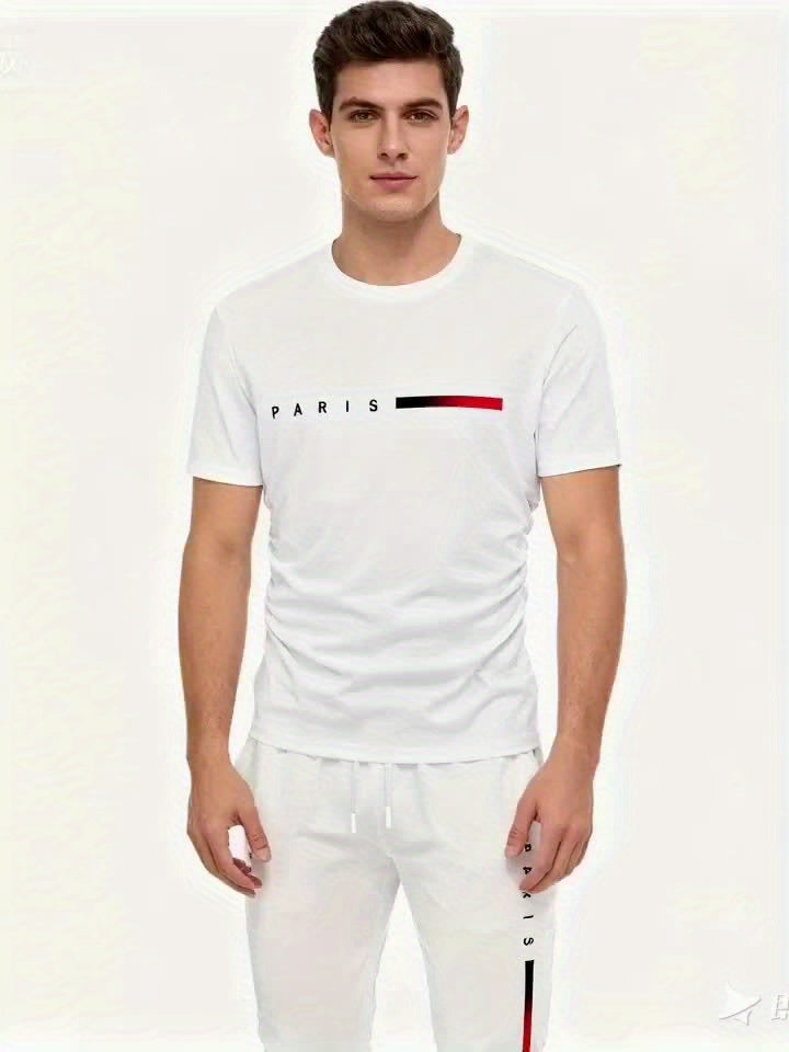 Men's Short-sleeve T-shirt And Pants Set, Spring And Summer Paris Letter Print Round Neck T-shirt + Drawstring Outdoor Casual Sports Long Pants Set