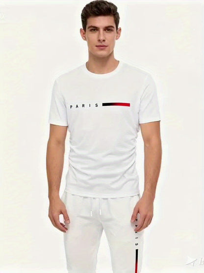 Men's Short-sleeve T-shirt And Pants Set, Spring And Summer Paris Letter Print Round Neck T-shirt + Drawstring Outdoor Casual Sports Long Pants Set