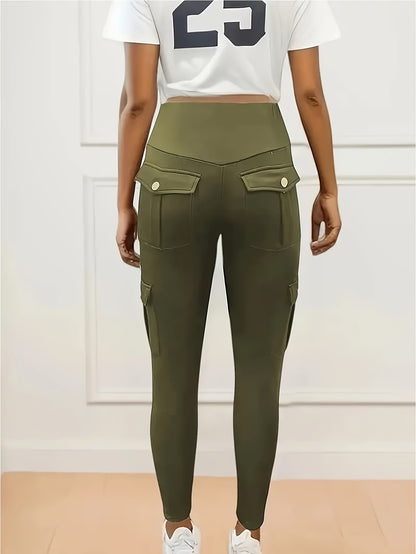 1pc High-Waisted Cargo Pocket Yoga Pants, Stretchy Skinny Sports Leggings, Quick-Dry Running Workout Pants, Butt Lifting, Street Style, Women's Fitness Trousers