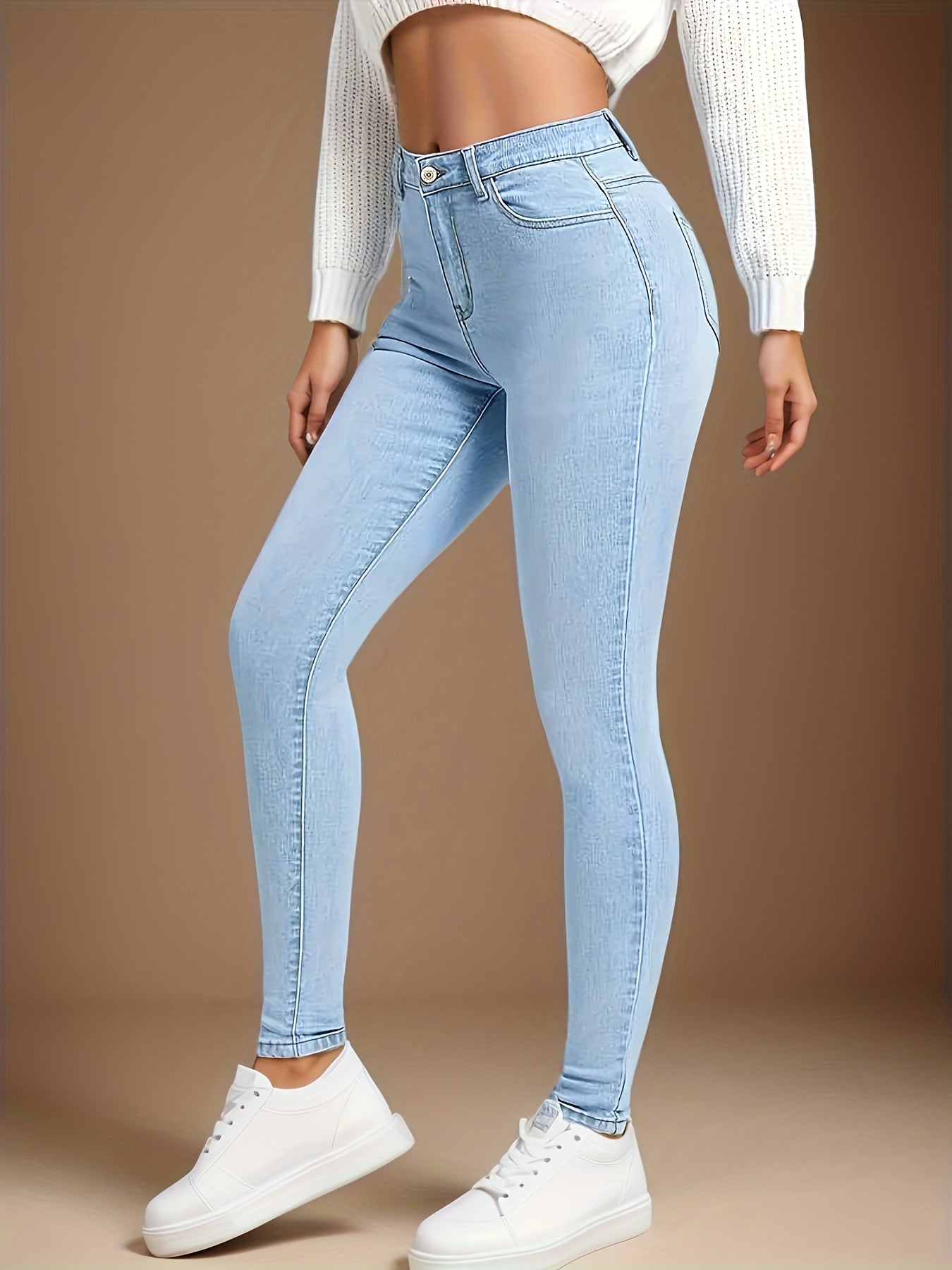 High-Rise Slim Fit Blue Jeans - Stretchy Denim, Slant Pockets, Comfortable High-Stretch Fabric, Womens Fashionable Denim Pants for Casual Attire - Premium Quality, Soft Touch, And Stylish Design