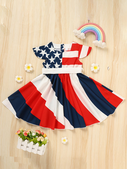 Girls' Independence Day Outfit - Short Sleeve Twirl Dress in Red, White & Blue Stripes And Stars, Ideal for Summer Festivities on The 4Th of July
