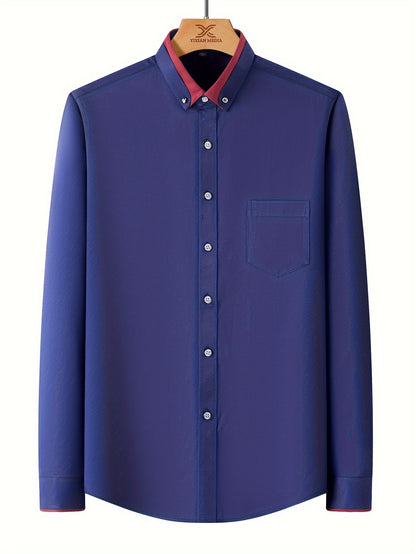 Color Block Fold-Up Collar Crystal Buckle Formal Shirt Men'S Long Sleeve Contrast Color Stretch Iron-Free Business Casual Top with Loan Fashion Cardigan Shirt