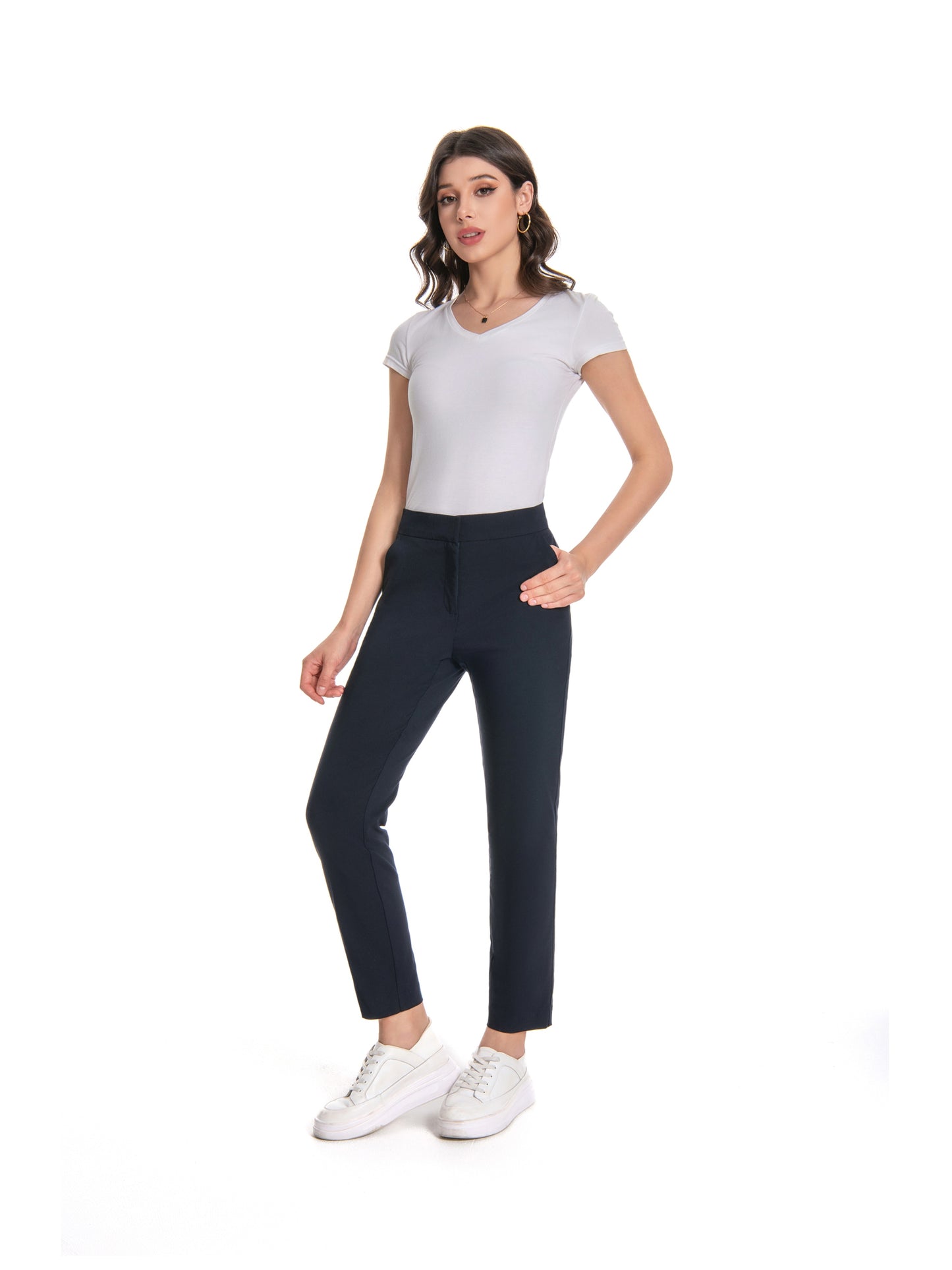Women'S Mid Waisted Slim Fit Ankle Length Stretch Trousers Vibrant Red High Stretch Fabric with Pockets, Elegant Office Workwear & Evening Out Pants, Machine Washable All-Season Versatile Bottoms, Formal Attire Trousers, Easycare Trouser