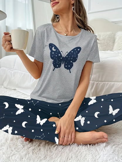 3 Pajama Sets, Casual Short Sleeve Round Neck Top & Elastic Pants - Women's Sleepwear - Soft & Comfortable Fabric - Perfect for Lounging & Sleeping - Ideal Gift for Her