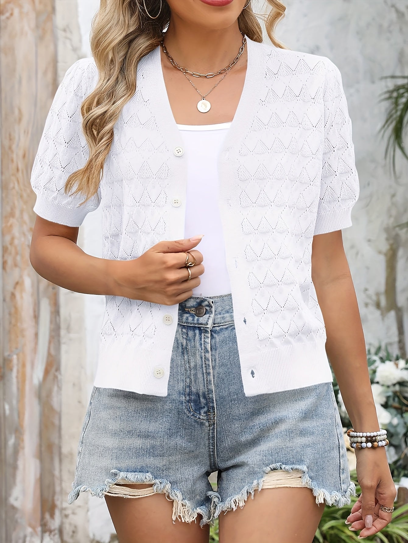 Lightweight Crocheted Short Cardigan for Women Featuring Puff Sleeves; a Breathable, Comfy, And Versatile Top Ideal for Spring And Summer