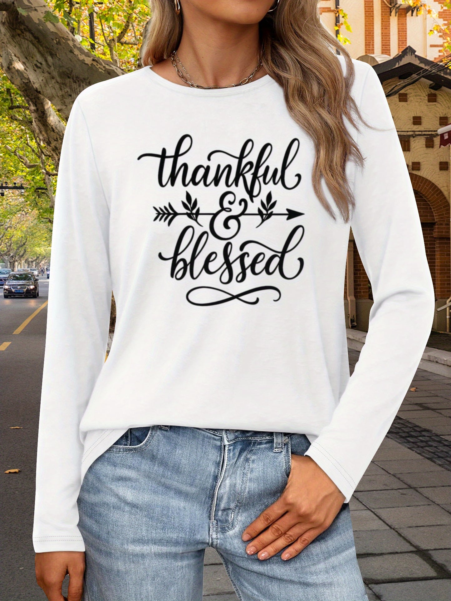 Women'S Long Sleeve T-Shirt with a Design Expressing Gratitude And Blessings - Easy to Wash, Breathable, Soft, And with Medium Stretch, Made Of, Perfect for Casual Wear