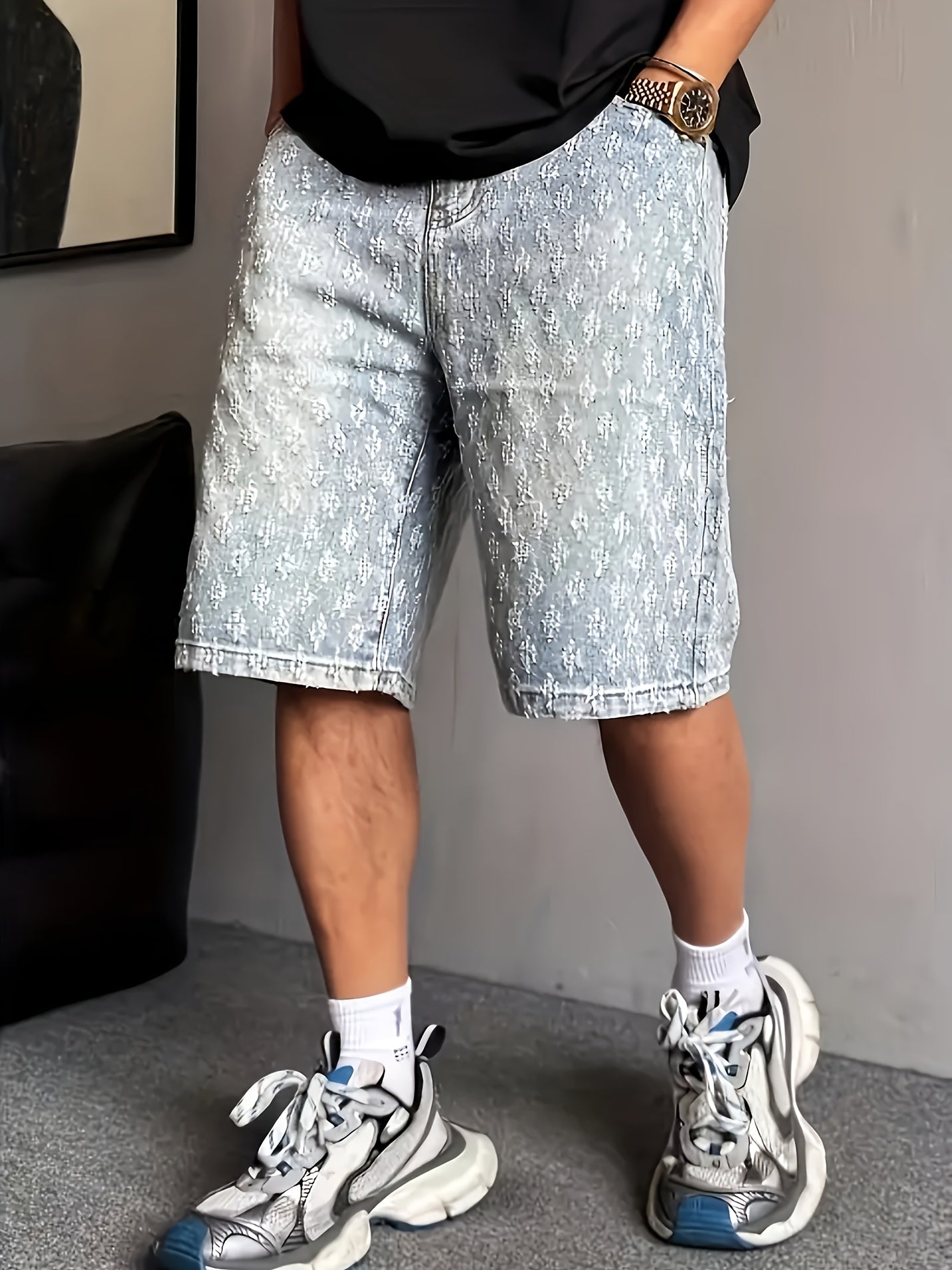 Men'S High-Street Fashion Distressed Knee-Length Denim Shorts - Relaxed Straight-Leg Fit with Geometric Embroidery, Machine Washable Summer Casual Shorts for Plus Size