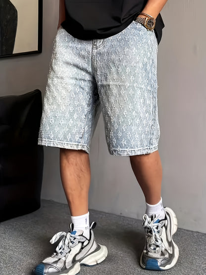 Men'S High-Street Fashion Distressed Knee-Length Denim Shorts - Relaxed Straight-Leg Fit with Geometric Embroidery, Machine Washable Summer Casual Shorts for Plus Size