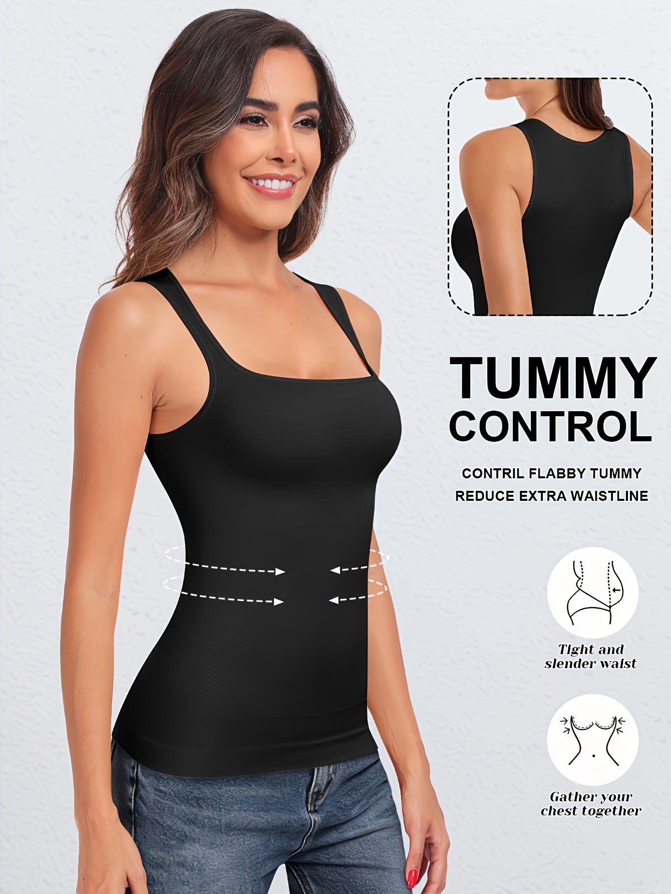 [2pcs Tummy Control Shapewear] 2pcs Durable & Comfortable Tummy Control Shapewear Compression Tank Tops For Women | Seamless Square Neck Body Shaper Camisole, Breathable, Suitable For Daily Casual Wear, Shopping, Parties, Dates & Festivals