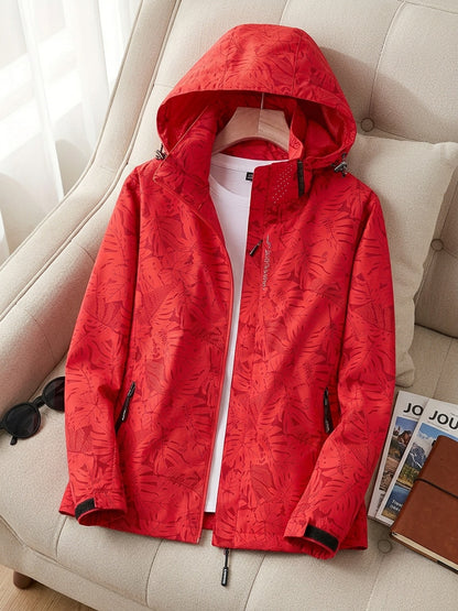 Women's Lightweight Windproof Hooded Jacket - Casual Zip-Up Outdoor Raincoat with Tropical Leaf Print, Removable Hood & Adjustable Cuffs for Spring Summer Fall,, Travel, Camping, Camping Gear, Apparel, Durable Zipper Closure