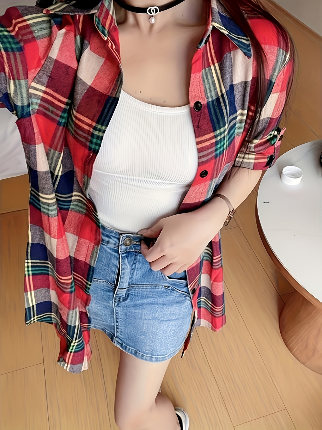 Plus Size, Plus Size Pure Mid-Length Plaid Long Sleeve Shirt for Women, Korean Style Loose Fit Versatile Casual Shirt Cardigan Outerwear, Suitable for Christmas, New Year, Valentine's Day Holiday Outfits, Skin-Friendly Fabric Texture