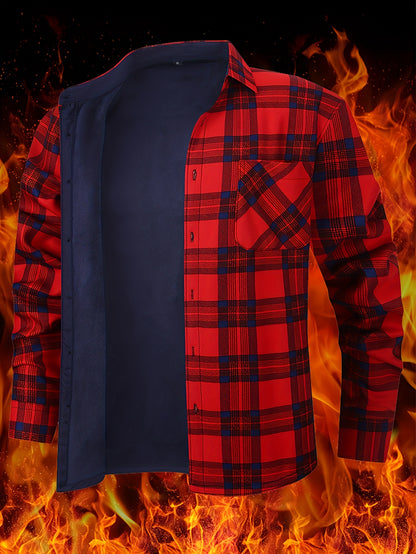 Men'S Heavyweight Long Sleeve Shirt - Thick Winter Jacket with Button Front Placket, Navy Blue & Brown Plaid, Formal & Casual Button-Up Blouse for Office, Outdoor, Everyday - Classic Button-Up Shirt for Men, Winter Jacket, Outdoor Clothing