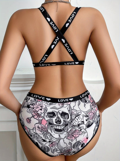 8pcs Sexy Women's Lingerie Sets, Comfortable Sporty Front Closure Bra And Panty Sets, Skull And Floral Prints, Crisscross Shoulder Straps, Breathable And Quick Drying, Suitable for Casual Attire And Exercise, Halloween Lingerie Sets