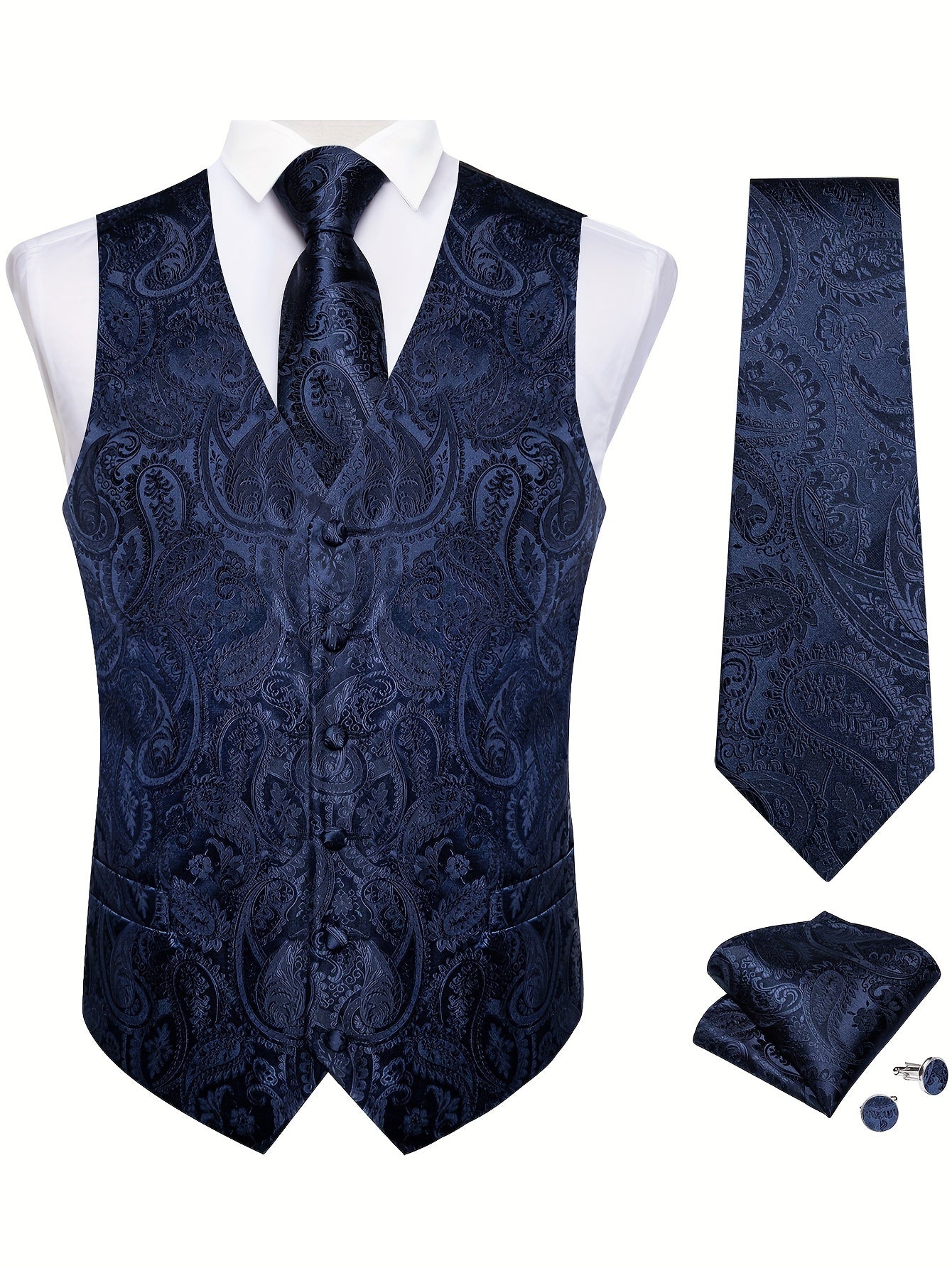 Men'S Classic Formal Suit Vest And Necktie Set - Elegant Red Paisley Design, Made from Non-Stretch Fabric, Featuring a Button Front Closure, Suitable for All Seasons Including Weddings, Business Events, And Parties - Formal Wear for Men, Plus Size
