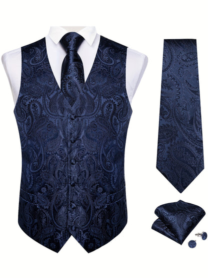 Men'S Classic Formal Suit Vest And Necktie Set - Elegant Red Paisley Design, Made from Non-Stretch Fabric, Featuring a Button Front Closure, Suitable for All Seasons Including Weddings, Business Events, And Parties - Formal Wear for Men, Plus Size