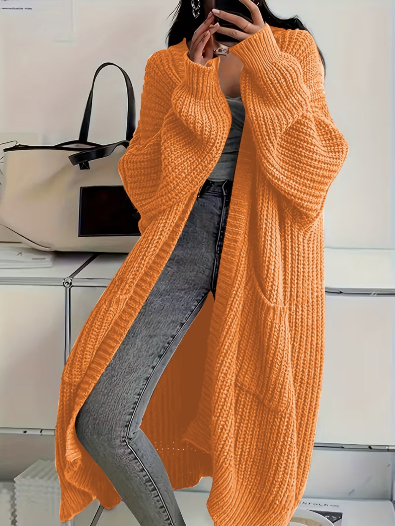 Plus Size, Solid Color Plus-Size Women's Long Pocket Cardigan Loose Over-the-Knee Sweater Coat Fashion Versatile Outerwear