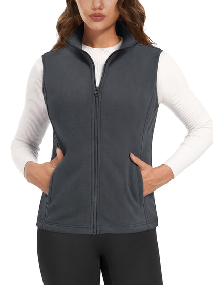 Women'S Fleece Zip Vest Lightweight Warm Sleeveless Jacket Stand Up Collar Windproof Soft Outerwear Vest with 4 Pockets Elastic Armholes for Camping Riding Office Outdoor Party Spring Fall Winter