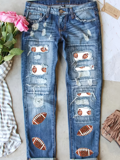 Women'S Plus Size Denim Apparel Ripped Print Football Streetwear Color Block Hip Hop Mid-Rise Straight Leg Pants