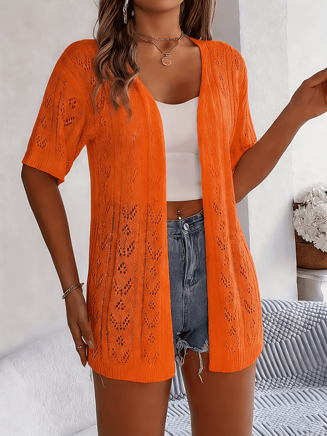 Plus Size, Plus Size Women's Lightweight Lace- Cardigan - Open Front Semi-Sheer Cover-Up with Cut-Out Design, Casual Chic Spring/Summer Beachwear for Vacation & Leisure, Summer Layering Piece | Elegant Cardigan | Elegant Craftsmanship, Lace Cardigan