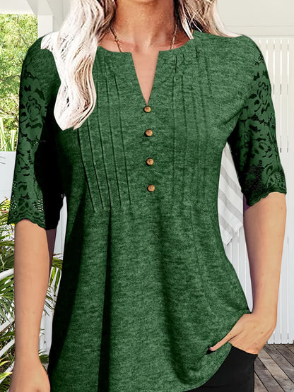 Women's Summer Pleated Button Short Sleeve T-shirt Summer V-neck Solid Color Casual Top