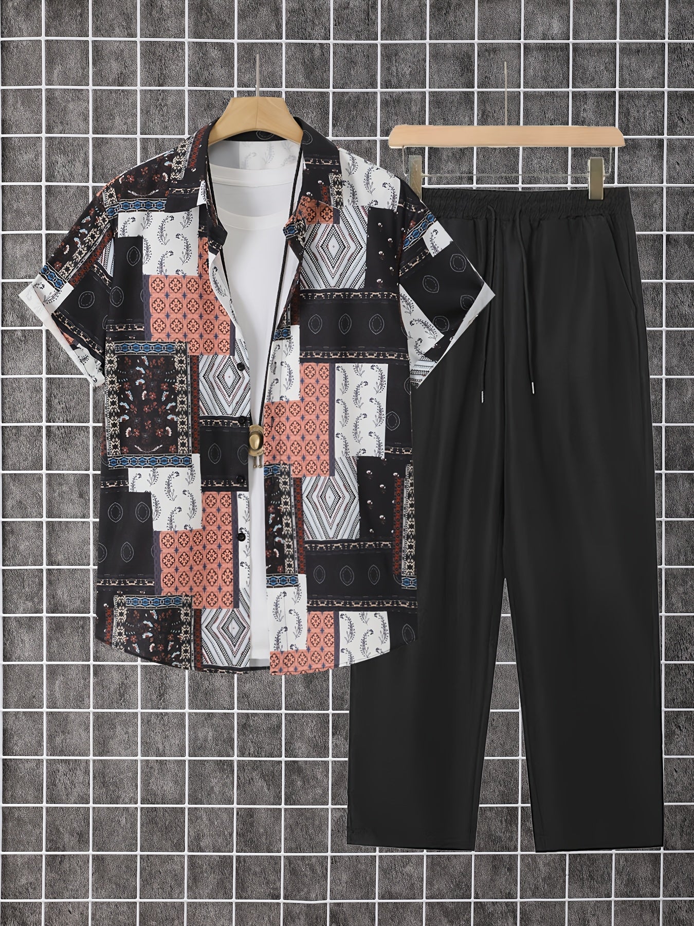 2pcs Men'S Summer Short Sleeve Button-Up Shirt and Pants Set - Light Blue Geometric Print, Casual Regular Fit with Drawstring Waist, Non-Stretch Fabric, Perfect for Casual Attire, Everyday Clothing | Geometric Print Shirt | Woven Fabric Shirt