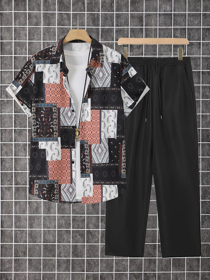 2pcs Men'S Summer Short Sleeve Button-Up Shirt and Pants Set - Light Blue Geometric Print, Casual Regular Fit with Drawstring Waist, Non-Stretch Fabric, Perfect for Casual Attire, Everyday Clothing | Geometric Print Shirt | Woven Fabric Shirt