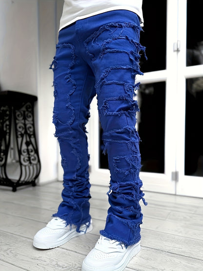 Men's Slim-Fit Straight-Leg Distressed Jeans with Tassel Details - Y2K Streetwear Hip-Hop Skateboard Style Stretch Denim, Machine-Washable All-Season Casual Pants, Casual Wear | Y2K Fashion | Faded Jeans