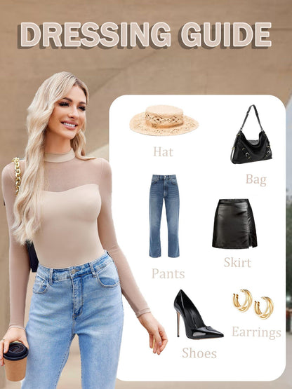 Sexy Mock Turtle Neck Sheer Mesh Long Sleeve Bodysuit Shirts Ruched Body Suit Leotard Tops