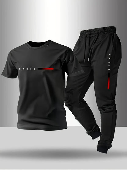 Men's Short-sleeve T-shirt And Pants Set, Spring And Summer Paris Letter Print Round Neck T-shirt + Drawstring Outdoor Casual Sports Long Pants Set