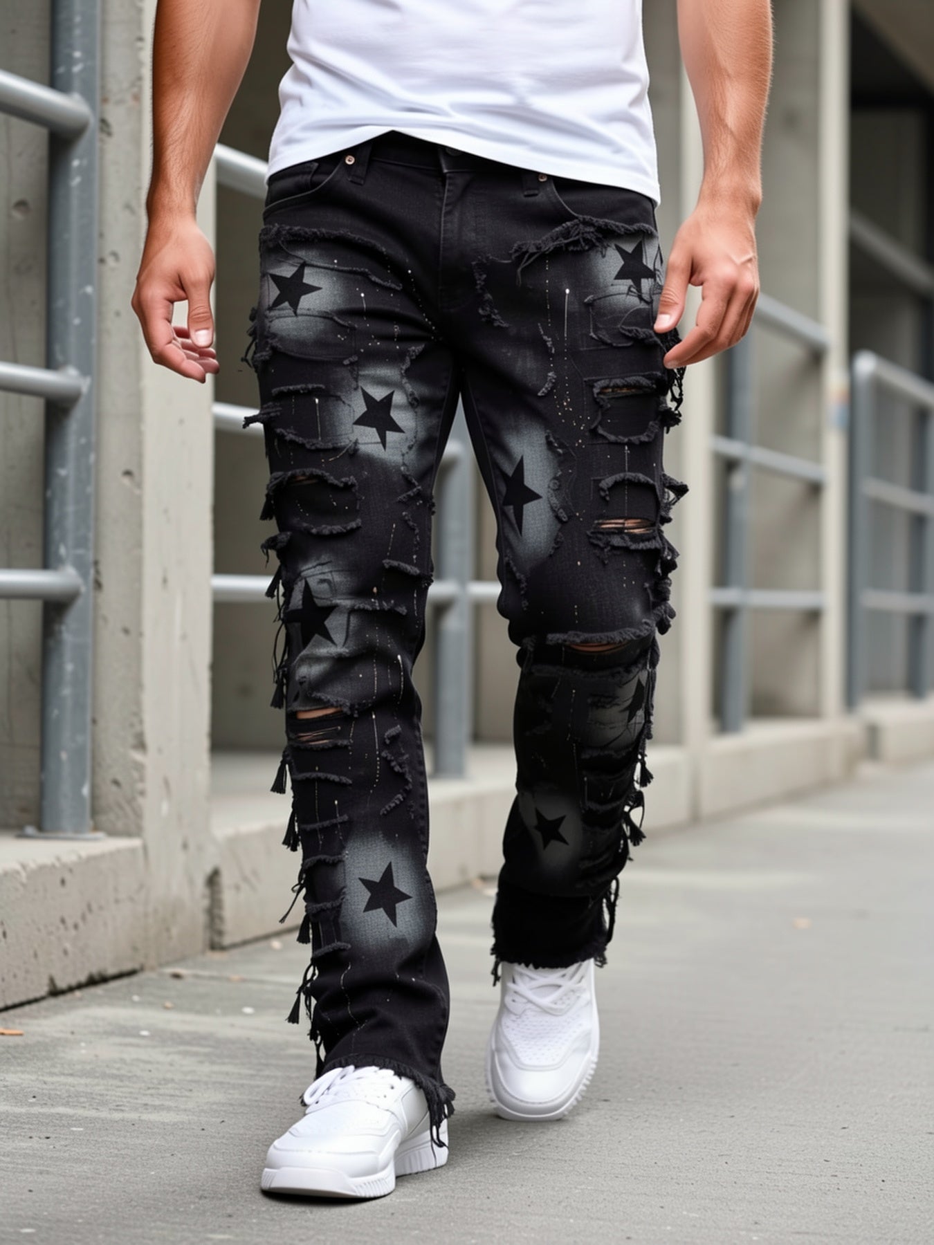 Men'S Star Print Fashion Layered Tassel Jeans