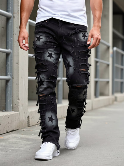Men'S Star Print Fashion Layered Tassel Jeans