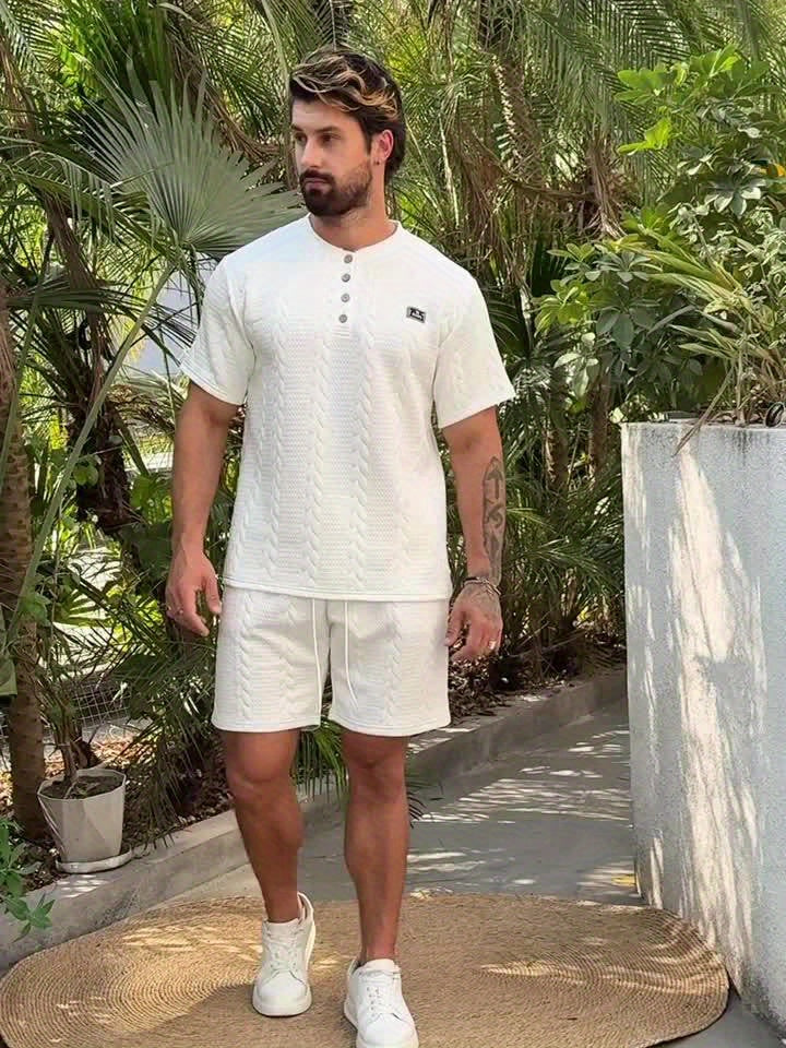 2pcs Men's Round Neck Short Sleeve Plain T Shirt And Front Tie Casual Shorts Set Men's Moisture Transferring Sports Short Sleeve Shorts Set