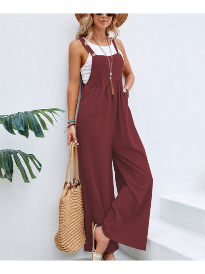 Retro Style Women'S Jumpsuit with Wide Legs, Mid-Rise Solid Color Overalls for Casual Daily Wear, Effortless Boho Chic One-Piece Pants