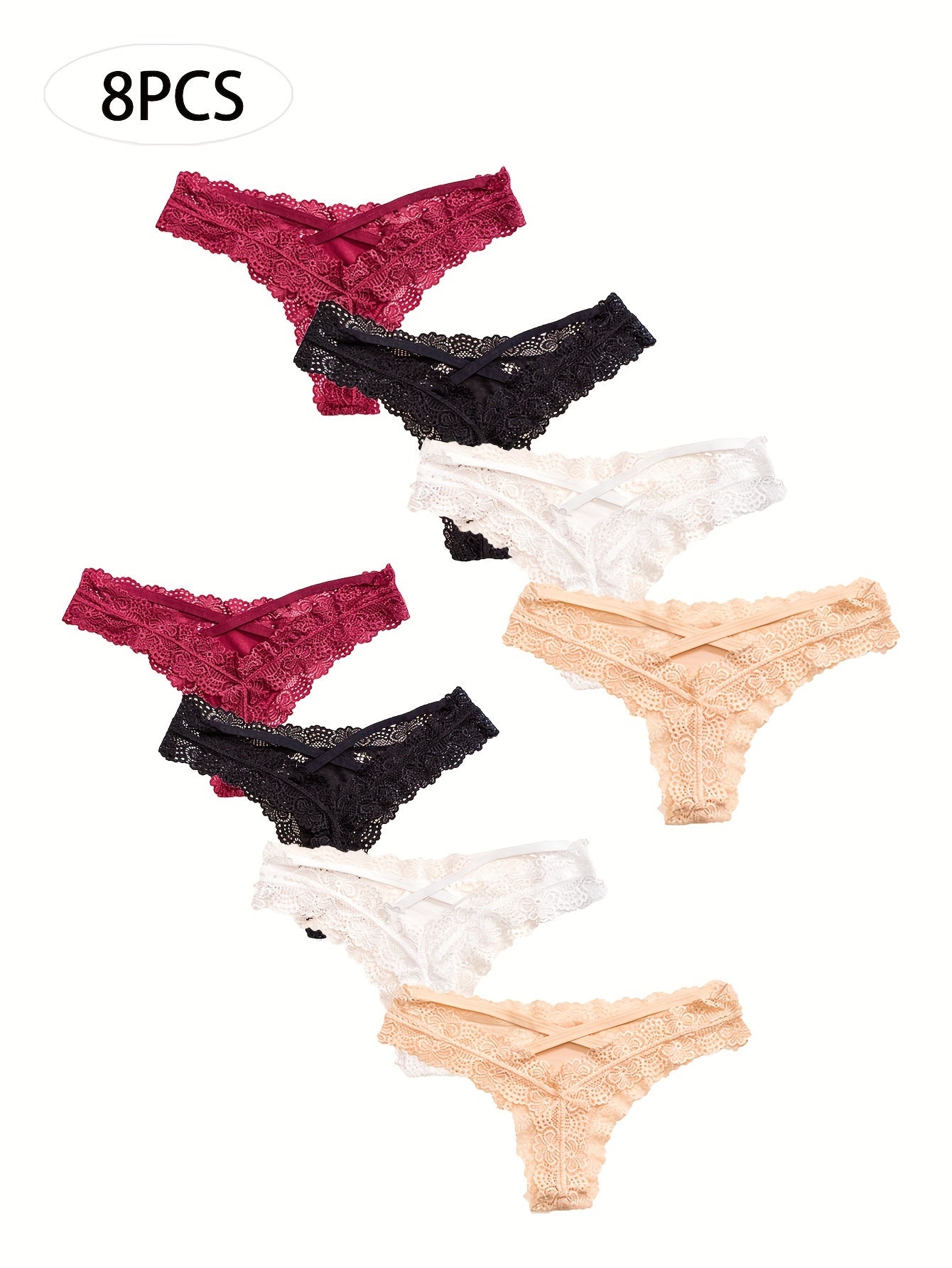 8pcs Stretchy Lace Thongs with Criss Cross Cut-Outs - Sexy Women's Lingerie & Underwear for Comfort And Style