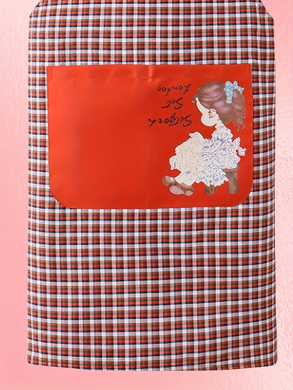 Stylish Unisex Plaid & Floral Portrait Print Apron - Red & Black Mix, Machine Washable with Front Pockets, Sleeveless Design for Kitchen, Home, or Flower Shop Use, Cute Apron, Kitchen Wear, Elegant Kitchenwear, Practical Kitchen Item