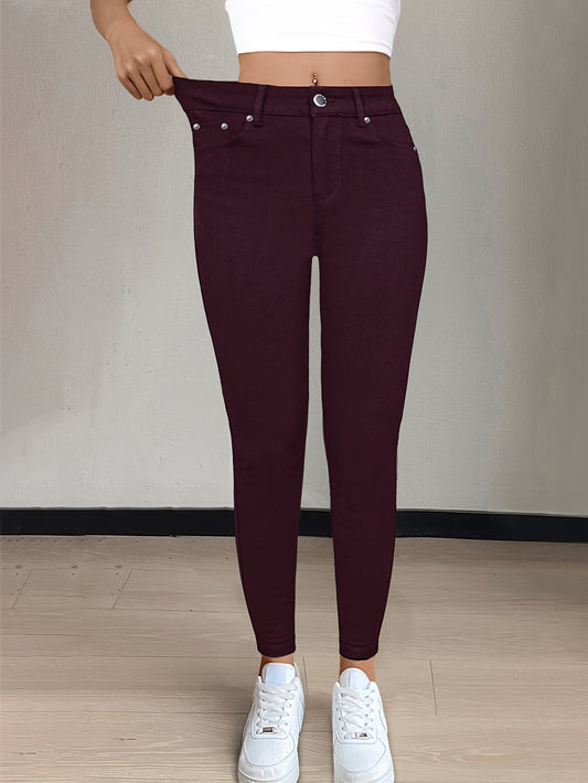 GILIPUR CY038 Full-Length Black High-Waist Skinny Jeans - Stretchy Fabric, Button Decor, Five Pockets, Long Style, Solid Color, Weekend Casual Streetwear - Ideal for Fall and Winter, Casual Wear Jeans|Stylish Highwaist Jeans|Stretchy Fabric Jeans