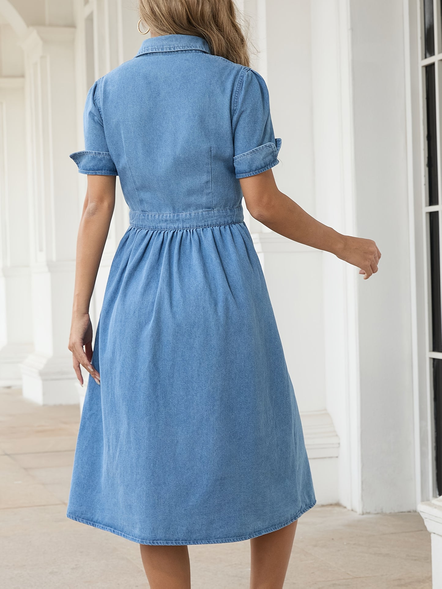 Women'S Casual Denim Midi Dress - Short Sleeve, Button-Up Shirt Style with Pockets, Flattering A-Line Cut, Light Blue Blend Fabric, Perfect for Spring And Fall