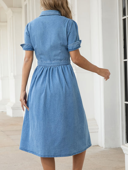 Women'S Casual Denim Midi Dress - Short Sleeve, Button-Up Shirt Style with Pockets, Flattering A-Line Cut, Light Blue Blend Fabric, Perfect for Spring And Fall