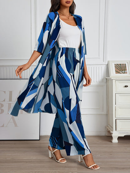 Vacation Style Geo Print Pantsuits Set, Long Length Short Sleeve Shirt & Wide Leg Pants Outfits, Women's Clothing