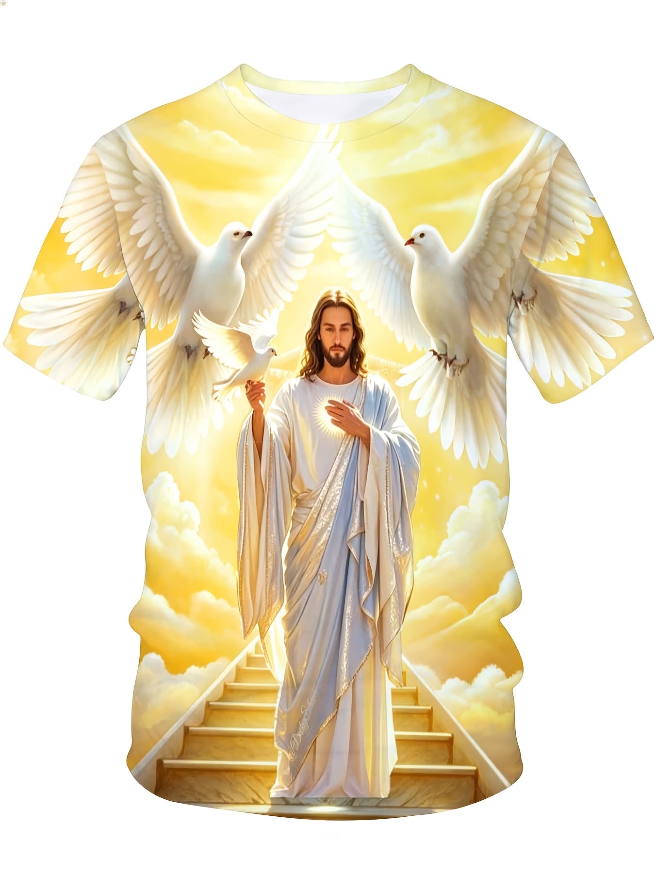 Jesus Christ With Doves And Heavenly Stairs Religious Christian T-Shirt For Men Full Print Design Faith Inspired Apparel, Plus Size