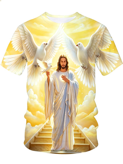 Jesus Christ With Doves And Heavenly Stairs Religious Christian T-Shirt For Men Full Print Design Faith Inspired Apparel, Plus Size