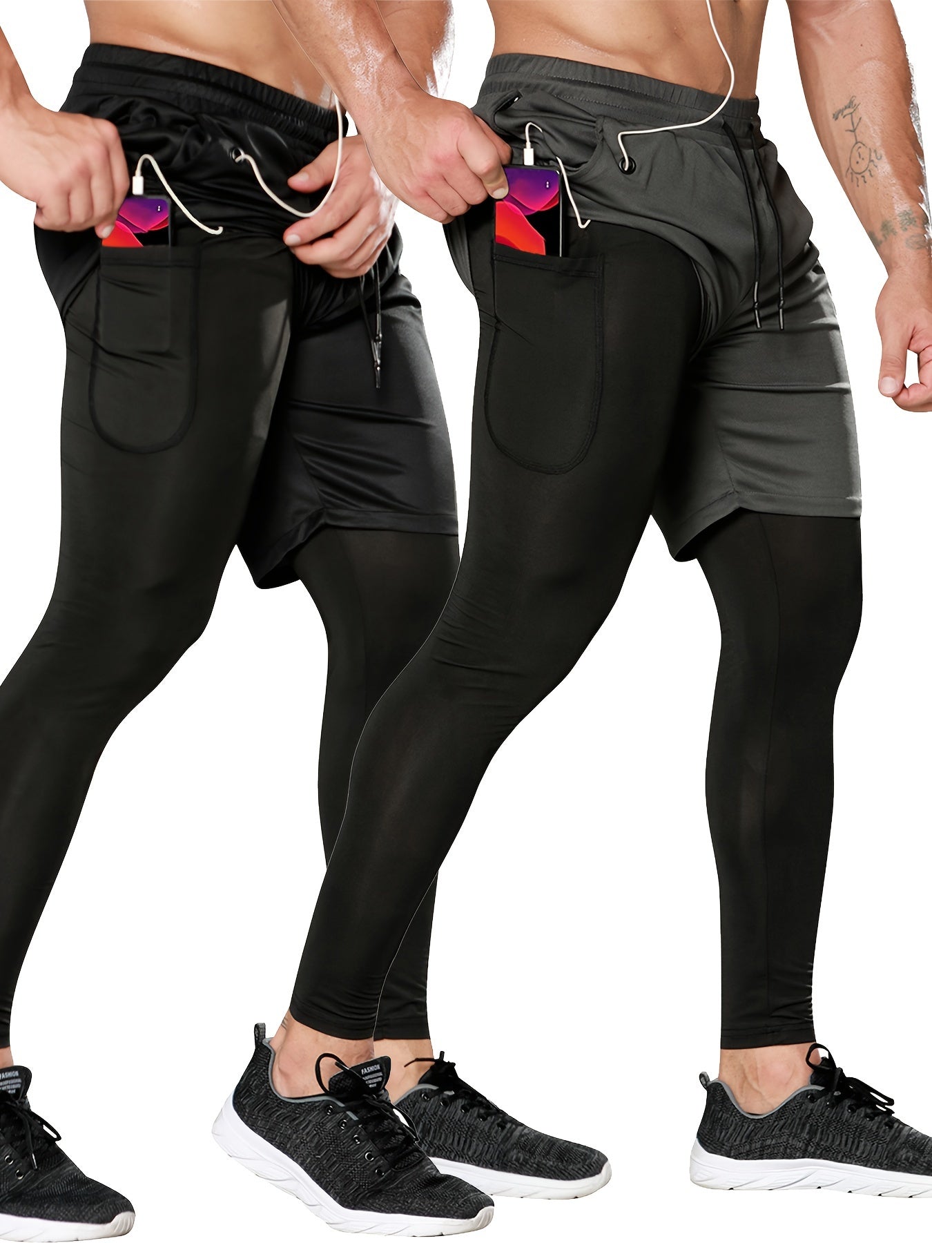 Set of 2 Men'S 2-In-1 Running And Workout Pants Designed for Gym Use, Featuring a Towel Loop