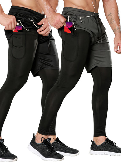 Set of 2 Men'S 2-In-1 Running And Workout Pants Designed for Gym Use, Featuring a Towel Loop