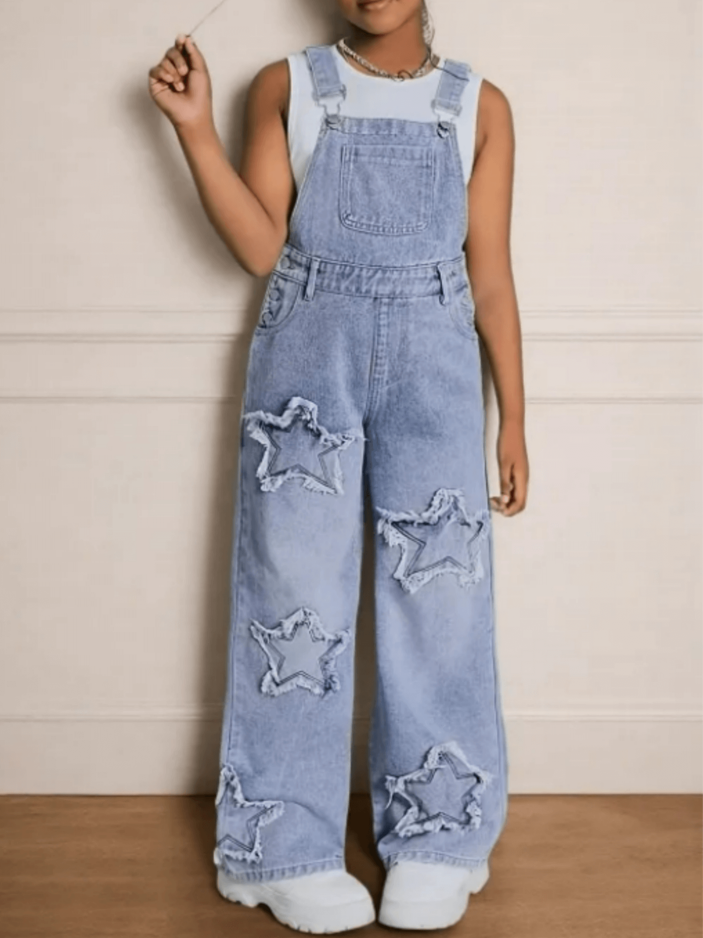 Teen Girls' Wide-Leg Denim Overalls with Star Embroidery Everyday Outfits - Machine Washable Teen Loose Fit Long Denim Machine Washable All-Season Casual Jeans for Teens Durable Fabric, for Outdoor