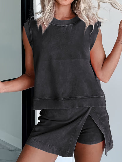 2pcs Women's New Solid Color Fashionable Casual Pure Short Sleeved T-shirt Three Piece Pants Two-piece Set