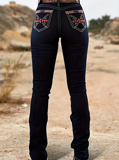 HME Autumn/Winter New Arrival - Women's Stretch Flared Fashion Pants with Contrast Stitching and Embroidery, Stylish and Elegant Classic Vintage Blue, Suitable for All Seasons, Women's Long Pants, No Belt Included