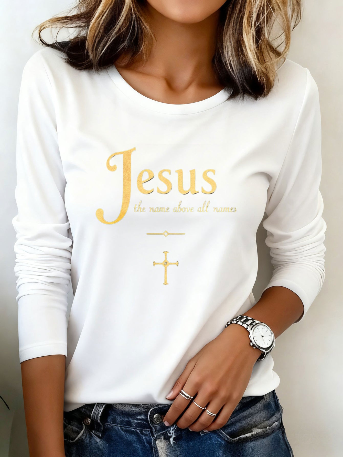 Woman T shirts 1pc Jesus The Name Above All Names Washable Comfortable Durable Easy Wear Casual Holiday Party Outfit Fashion 200g Heavyweight Long Sleeve T Shirt (100% Polyester)